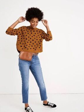 Madewell Mustard Yellow Polka Dot Knit Sweater XS Cotton Crewneck Pullover